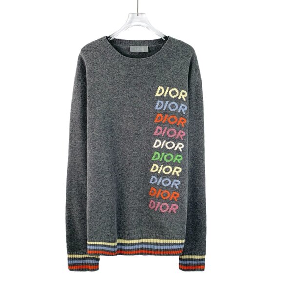 IM0277 Dior dark gray logo letter striped inlay wool round neck long sleeve knit - Picture 1 of 7
